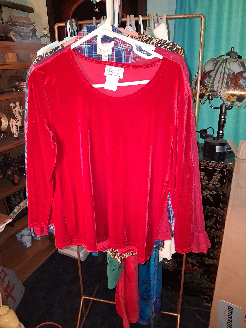 Kathie Lee Collection Red Velvet Scoop Neck Long Sleeve Top